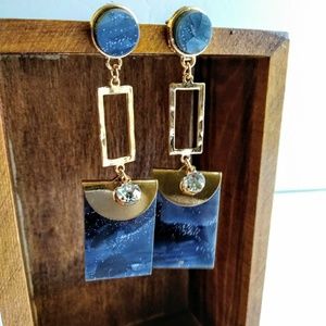 Earrings Goldtone Grey Blue Jewelry 2 ¾" Dangles